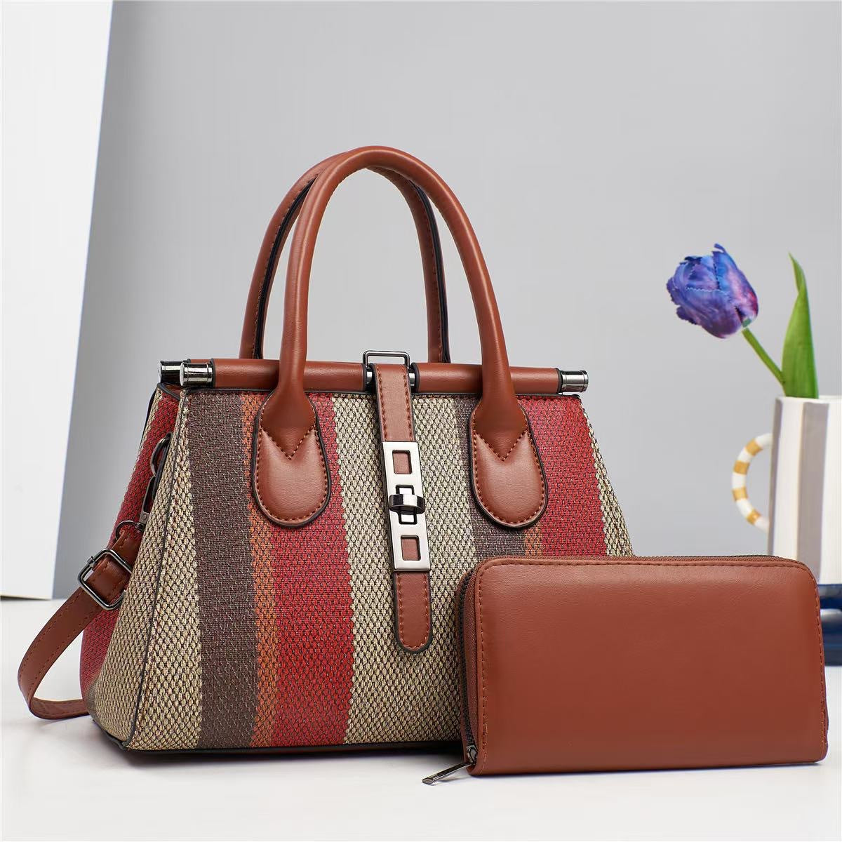 Fashion Large Capacity Contrast Color Texture Handbags