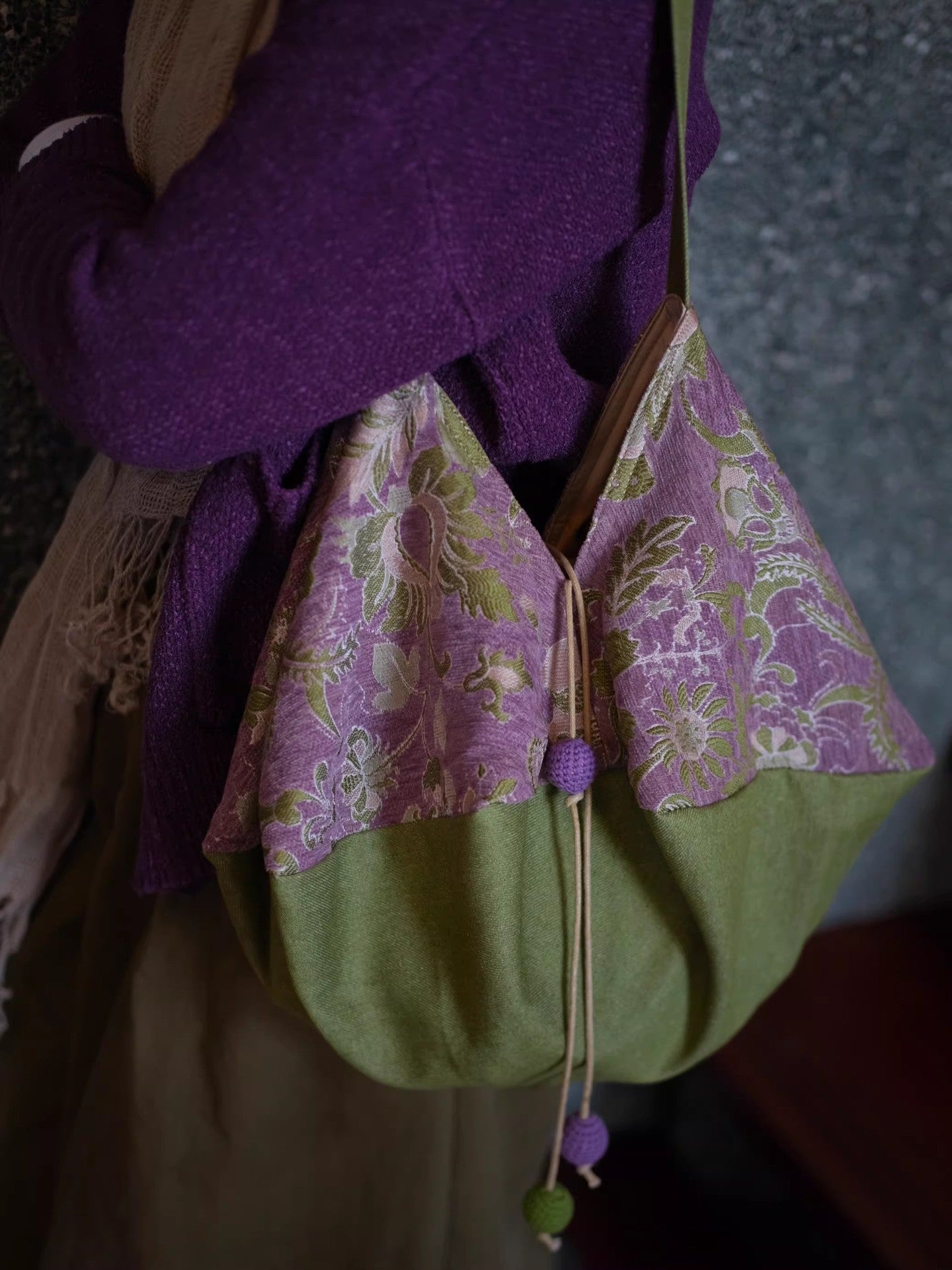 Green Light Purple Contrast Color Flower Pastoral Style Retro Jacquard Women's Shoulder Bag