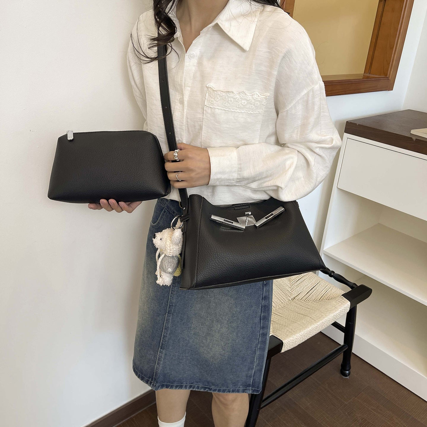 Women's Niche Portable Kelly High-grade Lychee Pattern Large Bucket Bag