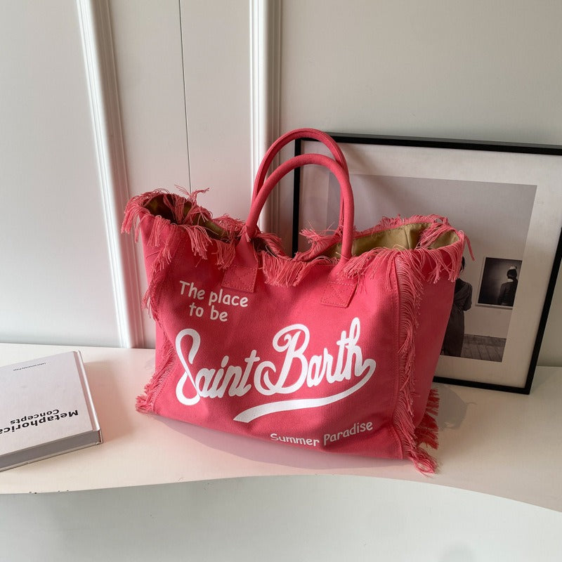 Beach Large Capacity Commuter Handmade Tassel Denim Tote Bag