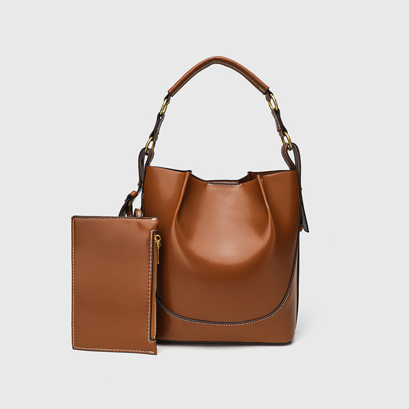 Women's Z Large Capacity Brown Drawstring Portable Cross Bucket Bag