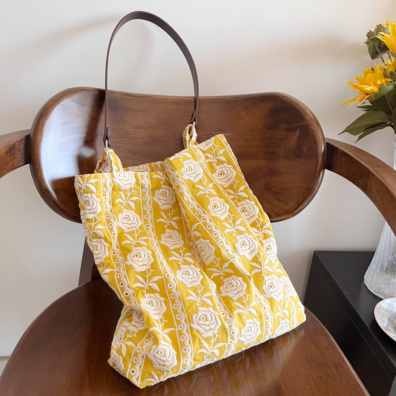 Embroidered Flower Yellow Rose Daily Portable Cotton Leather Shoulder Bags