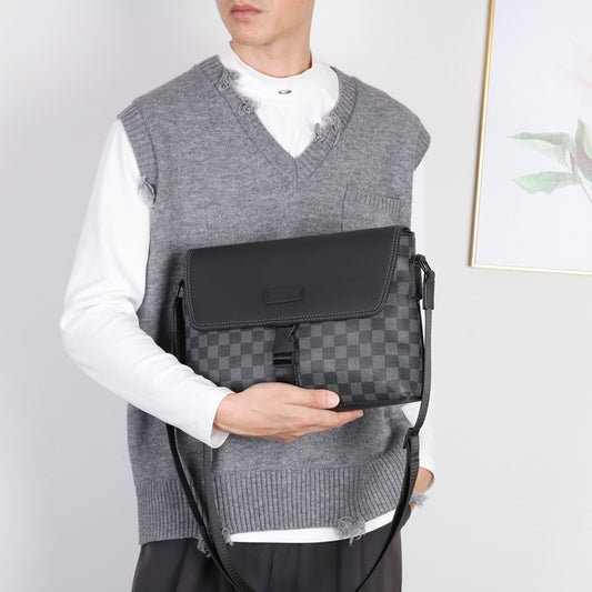 Men's Horizontal Large Capacity Flip Plaid Business Shoulder Bags