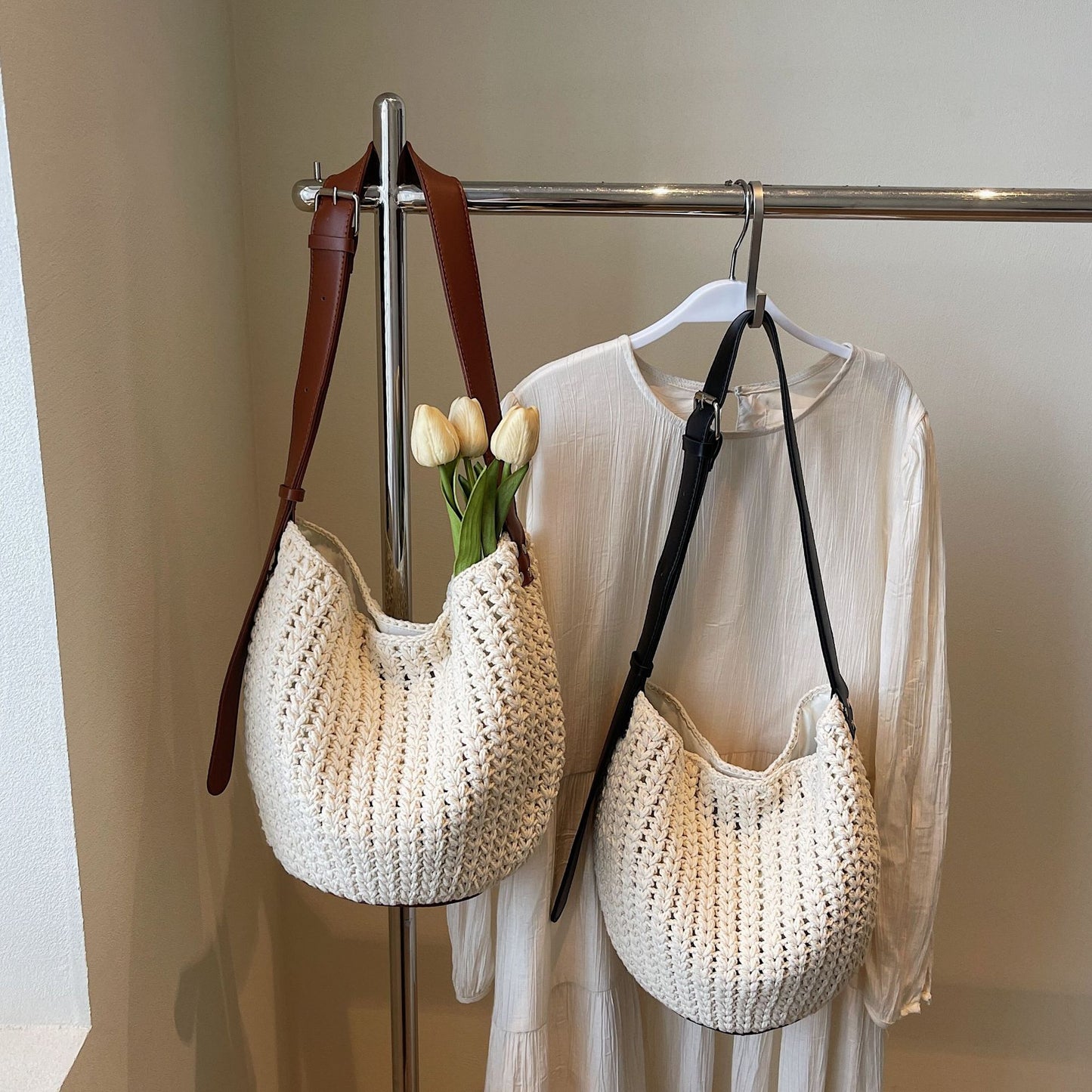 Fashionable Knitted Vegetable Basket Simple Beach Woven Bucket Bag