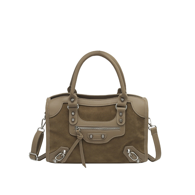 Women's Style Retro Motorcycle Winter Suede Contrast Color Women's Shoulder Bag