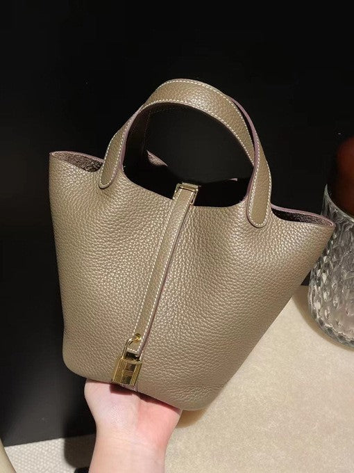 Women's Pattern Cowhide Vegetable Basket Portable High-grade Genuine Bucket Bag
