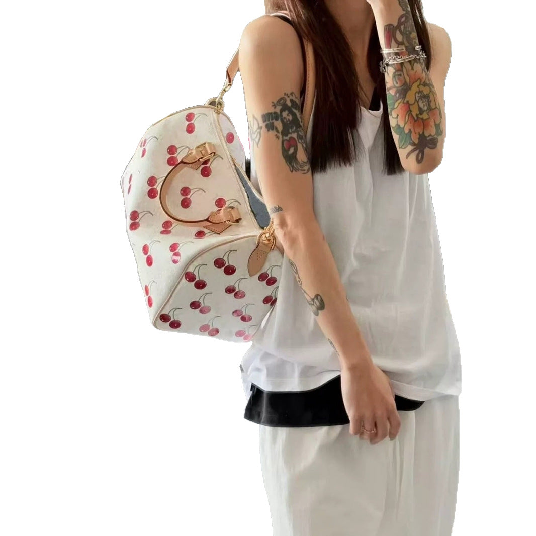 Denim Embroidered Cherry Mahjong Ingot White Pillow Bags