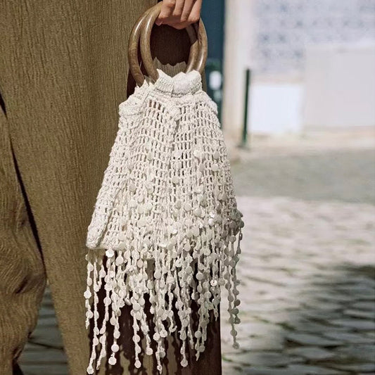 Spring Fairy Crochet Woven Tassel Wooden Women's Handbag