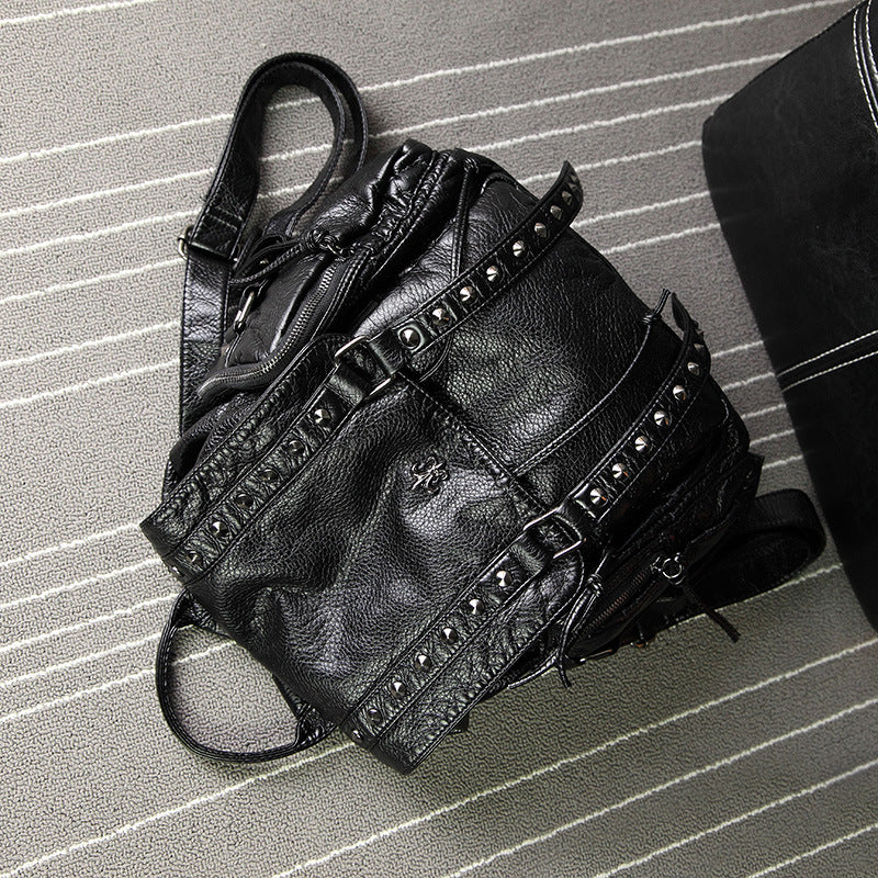 Women's Rivet Soft Surface Fashion Washed Leather Women's Backpack