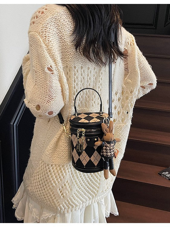 Women's Niche Portable Round Fashion Plaid Contrast Color Super Shoulder Bags