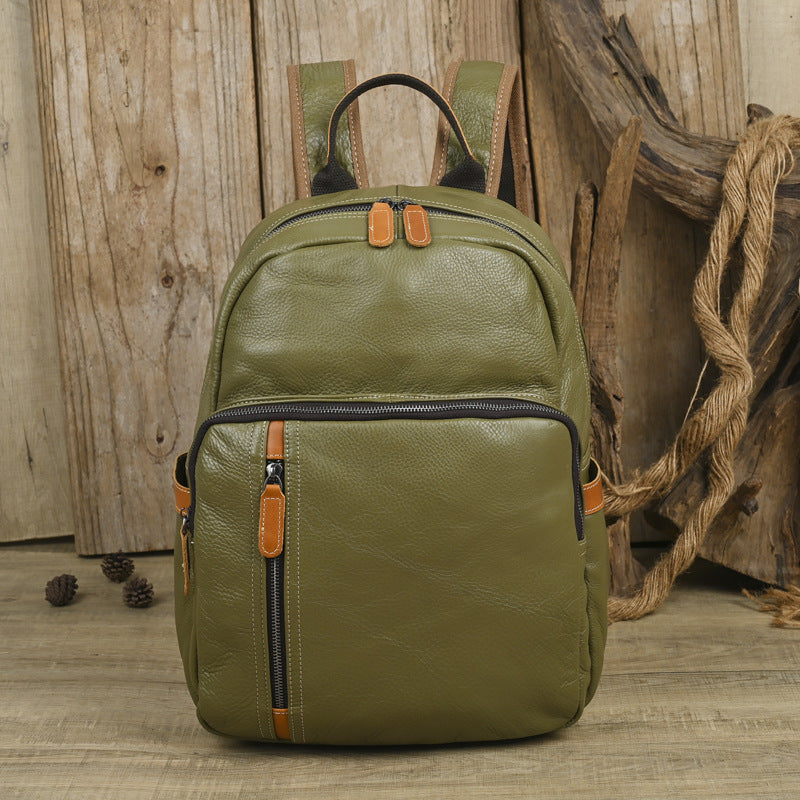 Women's & Men's Retro Leather First Layer Cowhide Large Capacity Contrast Backpacks