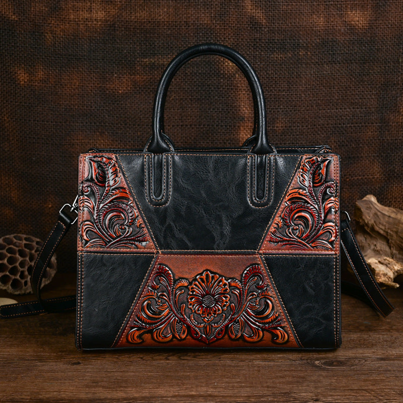 Women's Retro Patchwork Chinese Style Artistic Handmade Leather Carving Texture Women's Handbag