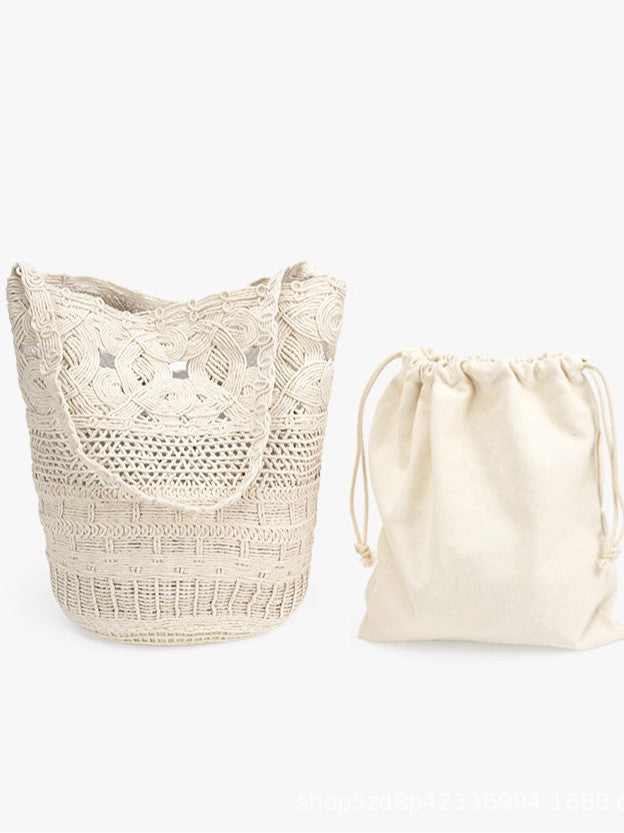 Pure White Hollow Lace Straw French Woven Vacation Beach Bucket Bag