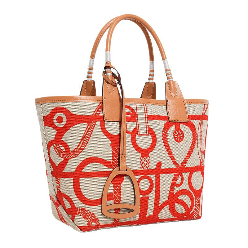Women's Basket Printed Canvas Large Capacity Totes Commuter Shopping Tote Bag