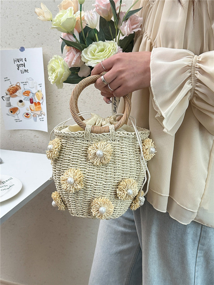 Women's Summer Straw Fresh Flower Pearl Decorative Portable Basket Women's Handbag