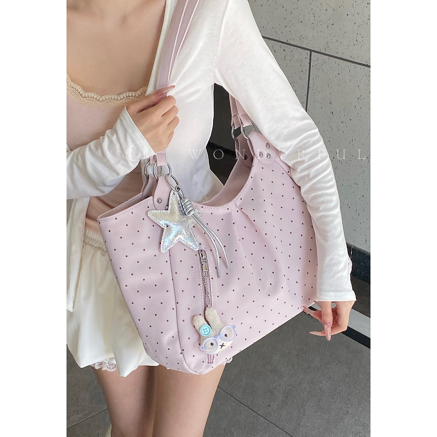 Women's Korean Underarm Polka Dot Printed Commuter Tote Bag