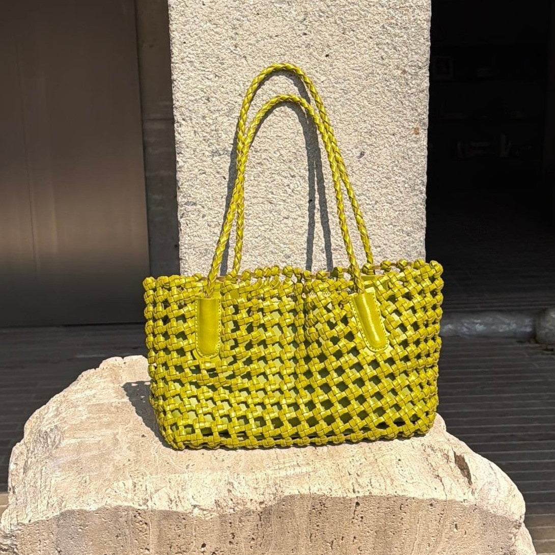 Women's Vegetable Tanning Cowhide Hollow Hand-woven Genuine Leather French Tote Bags