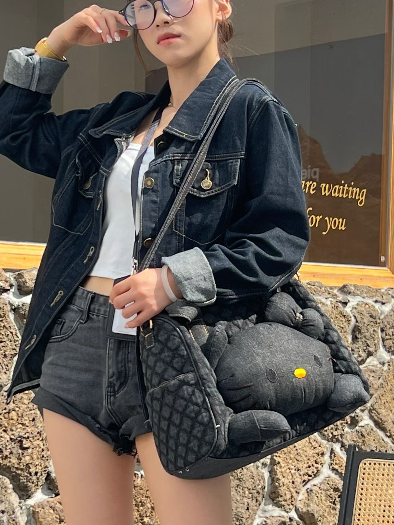 Style Black Leather Cat Rhombus Pillow Denim Personalized Doll Women's Shoulder Bag