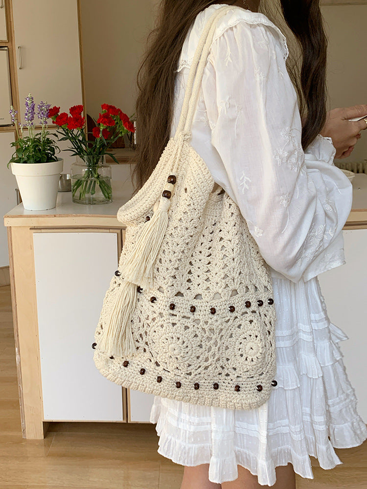 Artistic Hollow Tassel Cotton Thread Woven Large Capacity Seaside Holiday Women's Shoulder Bag
