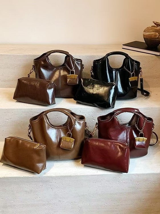 Women's Classic Retro Oil Wax Leather Combination Vegetable Basket Bags
