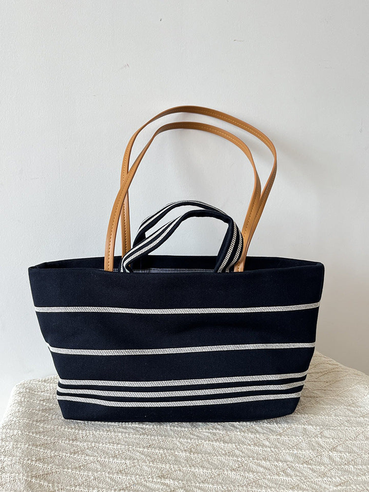 Women's One Retro Canvas Striped Beach Commuter Large Capacity Tote Bag