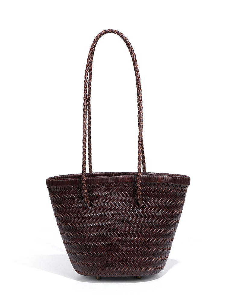 Women's Fashionable Vegetable Basket Cowhide Leather Trendy Woven French Minority Bags