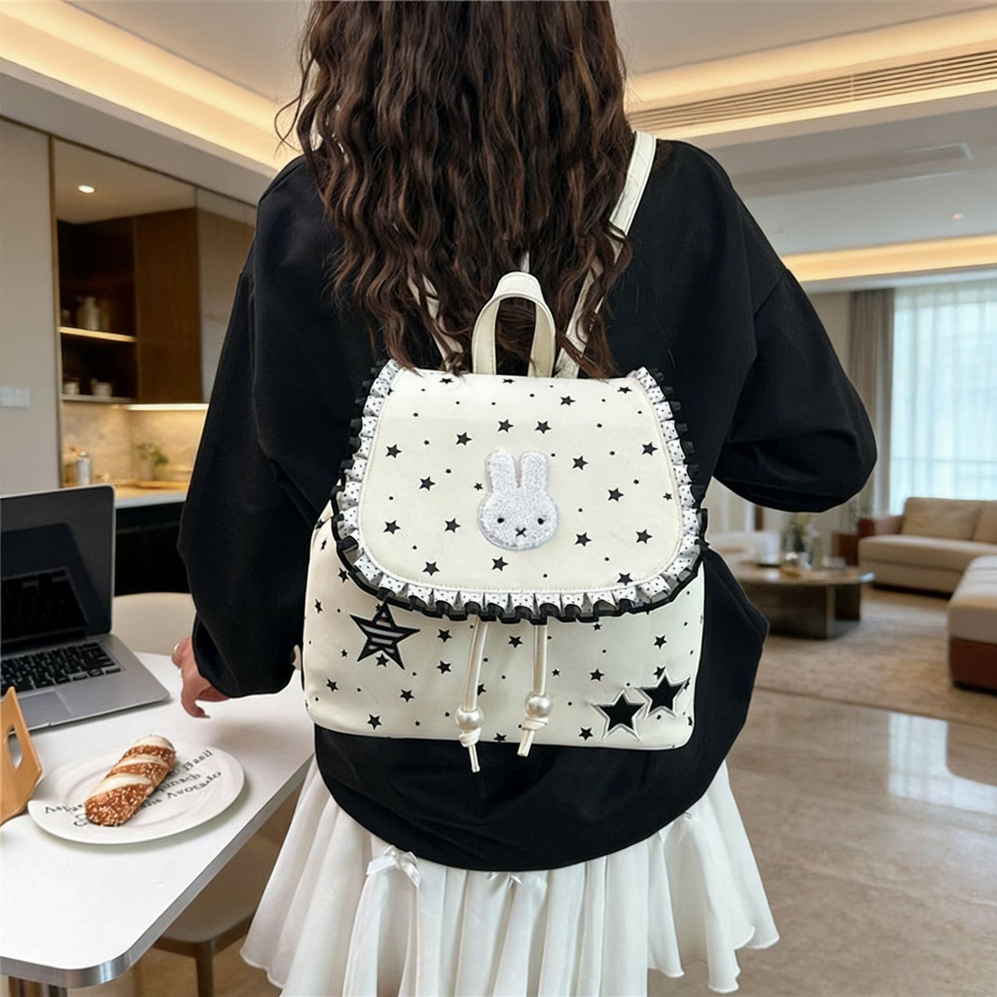 Capacity Drawstring Fashionable Korean Polka Dot Backpacks