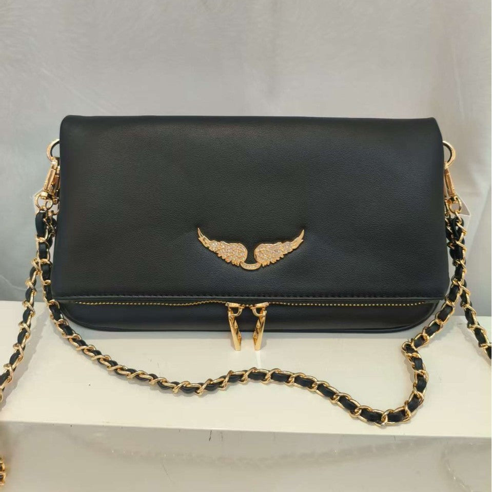 Women's Black Wings Rhinestone Metal Chain Women's Shoulder Bag