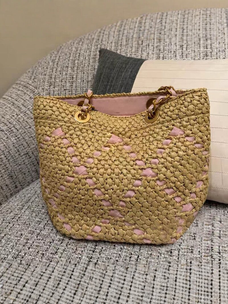Women's Classic Style Rhombus Straw Woven Large Capacity Women's Shoulder Bag