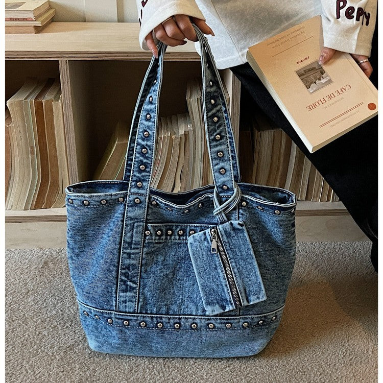 Women's Denim Trendy Unique Studded Large Capacity Tote Bags