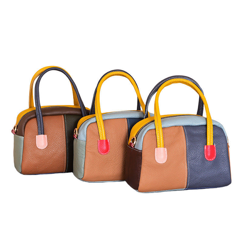 Women's First Layer Cowhide Fashion Retro Patchwork Contrast Women's Handbag