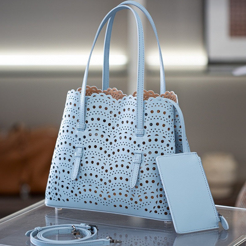 Women's Wave Hollow Carved Calfskin Vegetable Basket Fashion Son Women's Shoulder Bag