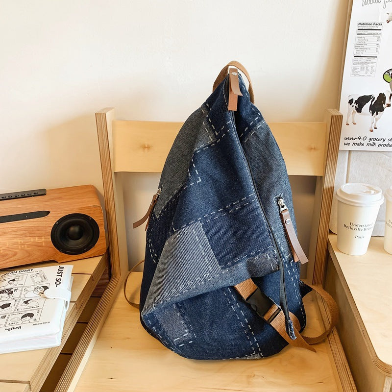 Personality Folding Denim Contrast Color Large Capacity Korean Style Backpacks