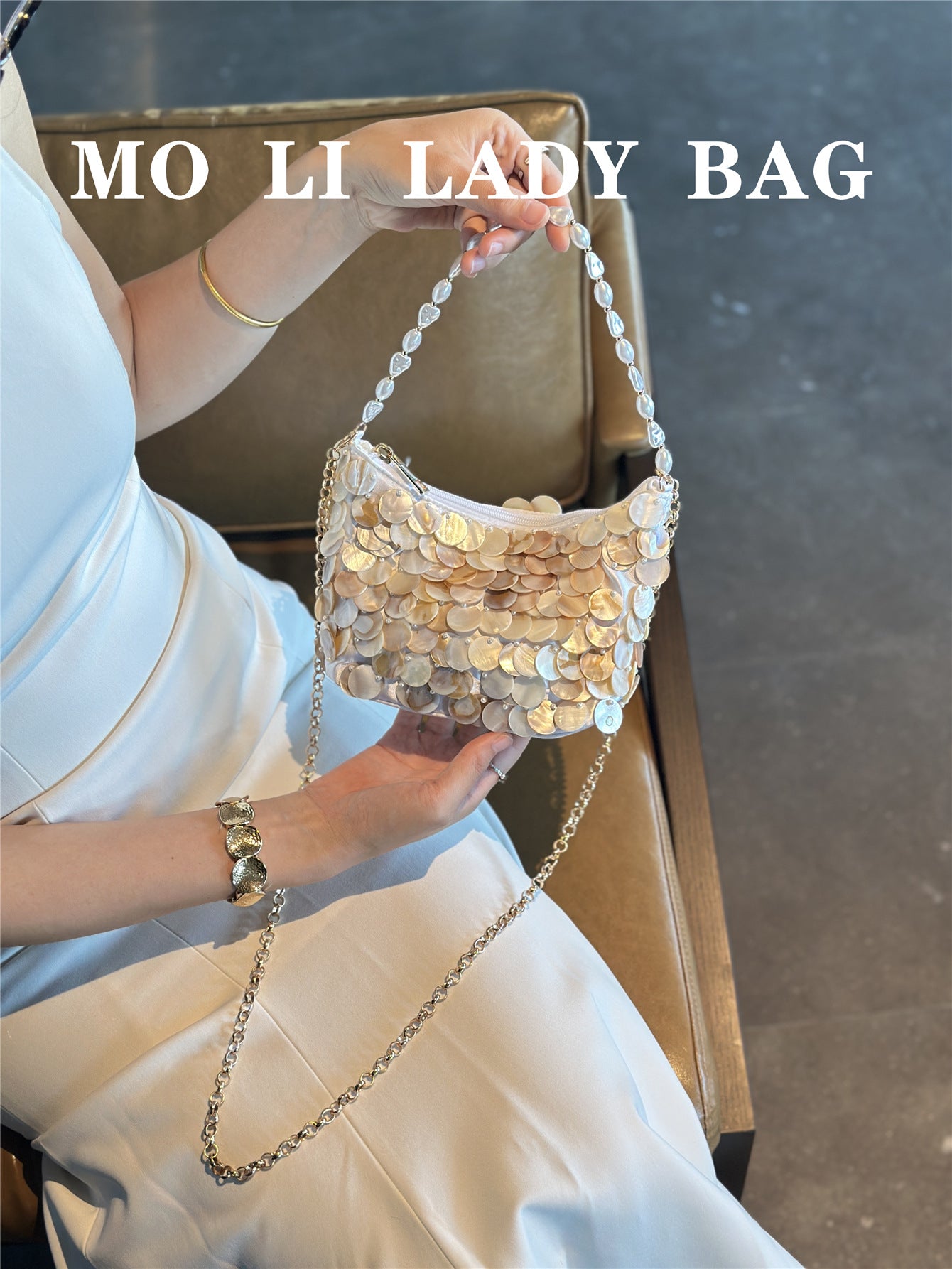 Women's French Retro Scale Sequined Shell Dumpling String Pearl Chain Dinner Bags