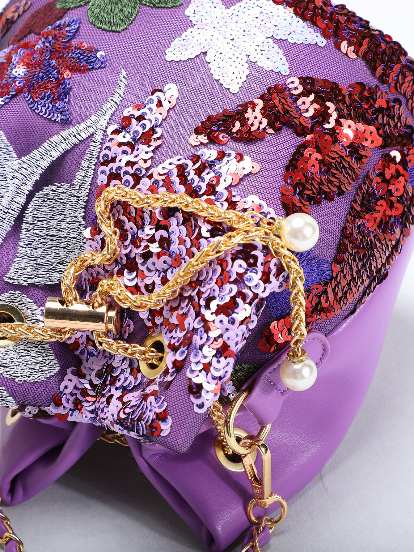 Women's Flower Embroidered Sequins Mesh Stitching Contrast Color Trendy Bucket Bag