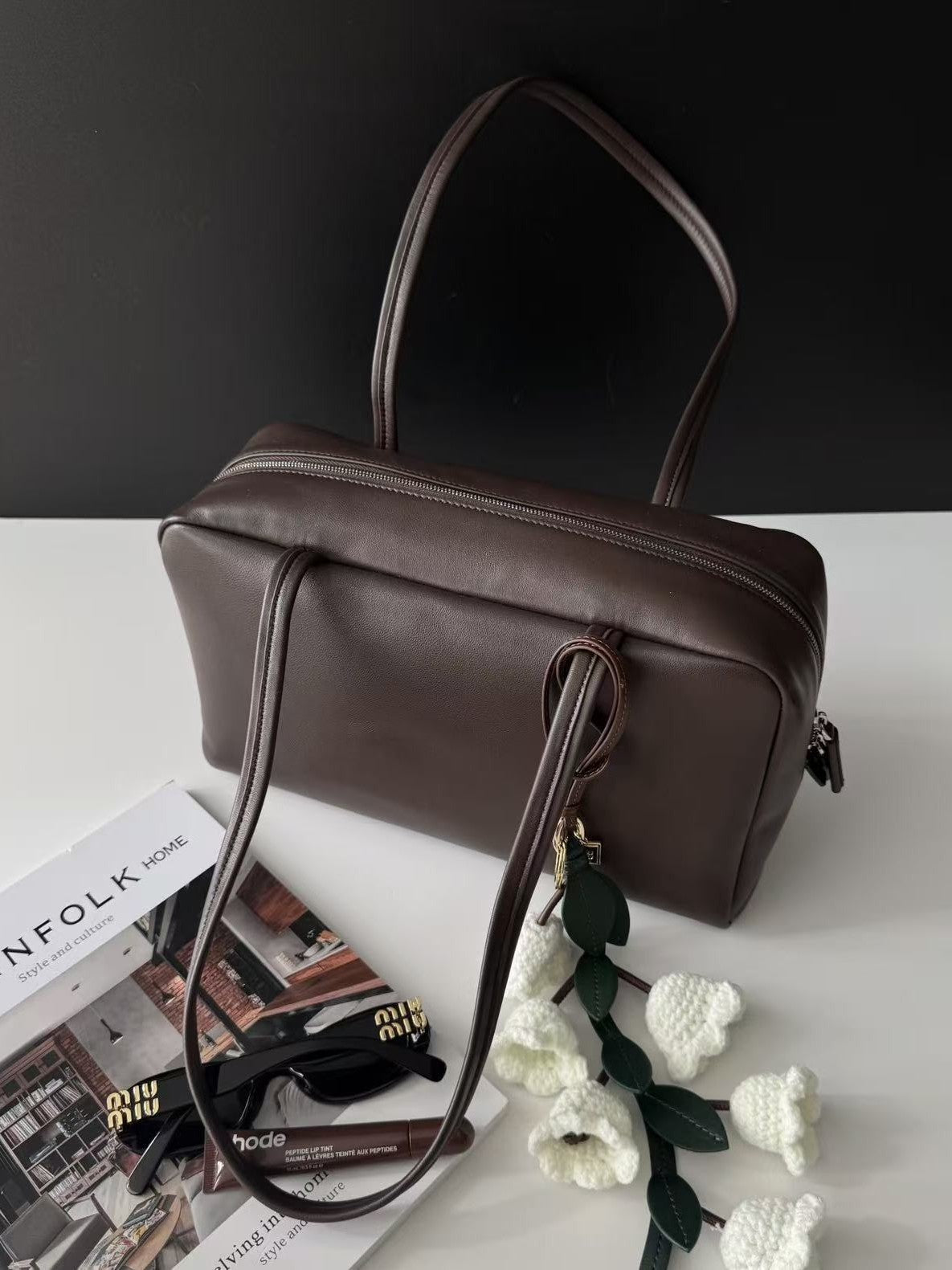 Bowling Cowhide Boston Large Capacity Underarm Women's Handbag
