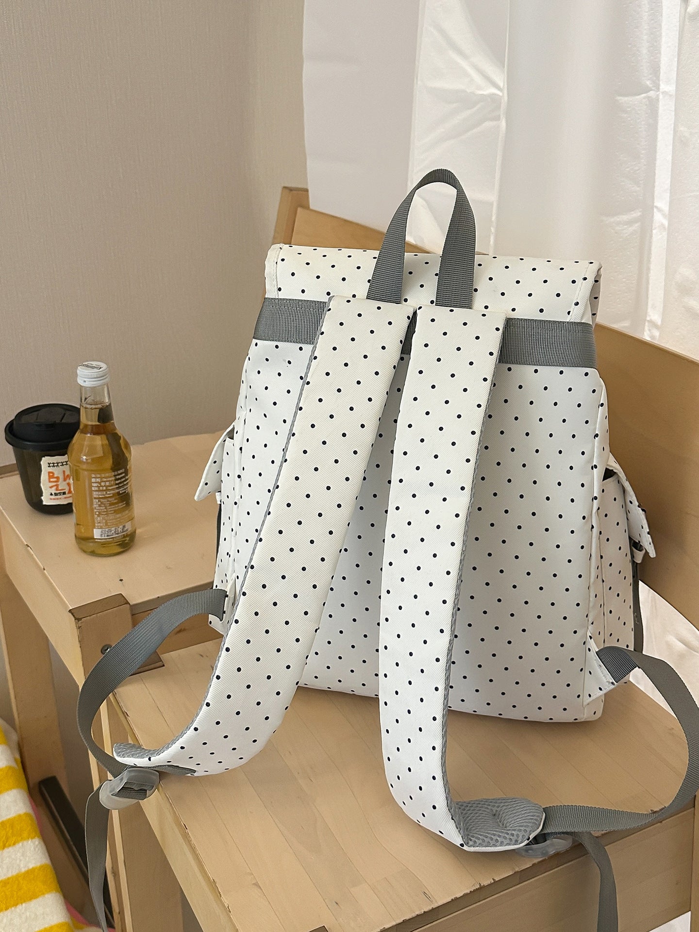 Korean Cute Polka Dot Cat Embroidery Drawstring Soft Leisure Backpack