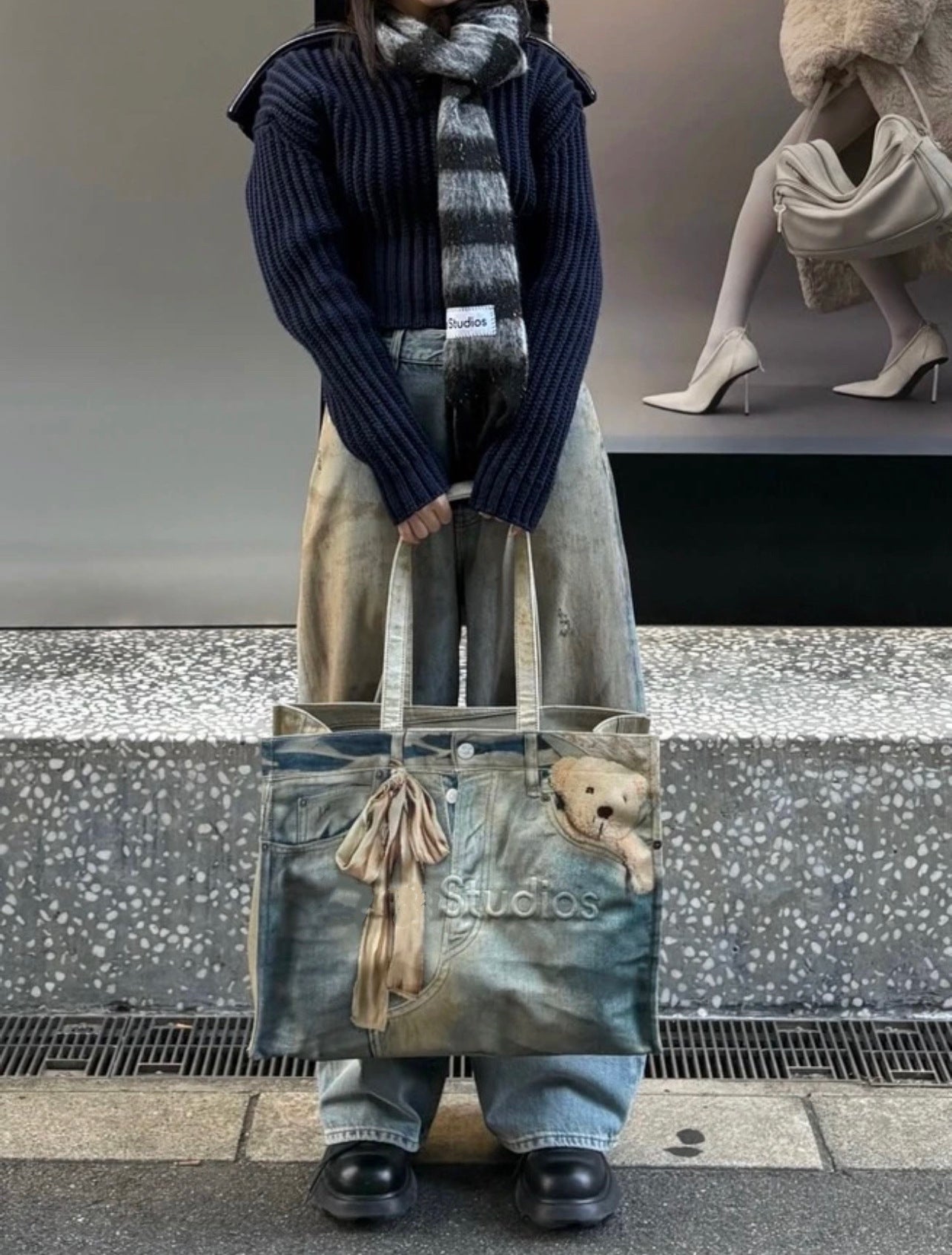 Women's & Men's Retro Denim Bear Printed Logo Large Tote Bag