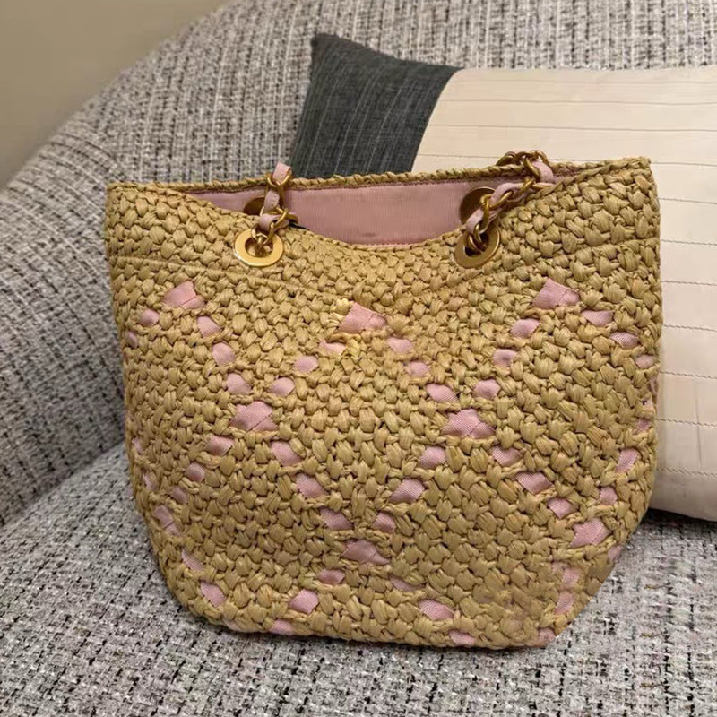 Women's Classic Style Rhombus Straw Woven Large Capacity Women's Shoulder Bag