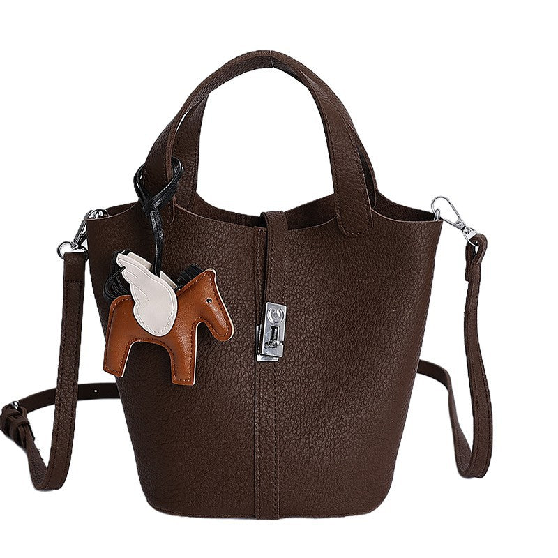 Women's Simple Lychee Pattern Design Korean Style Graceful Fashionable Bucket Bag