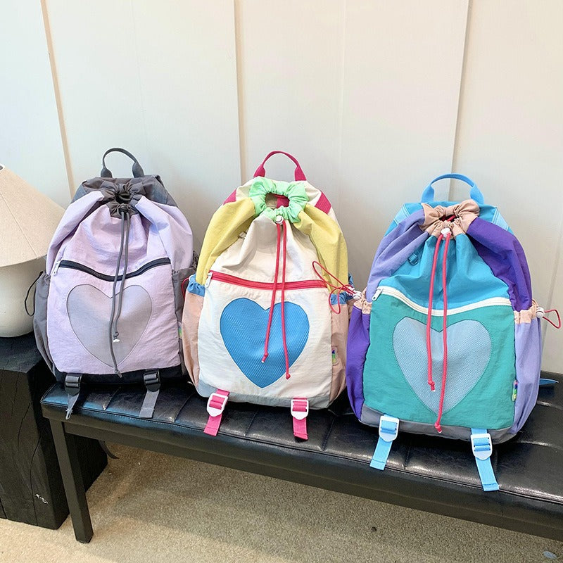 Niche Contrast Color Peach Heart Hiking Drawstring Large Capacity Backpacks