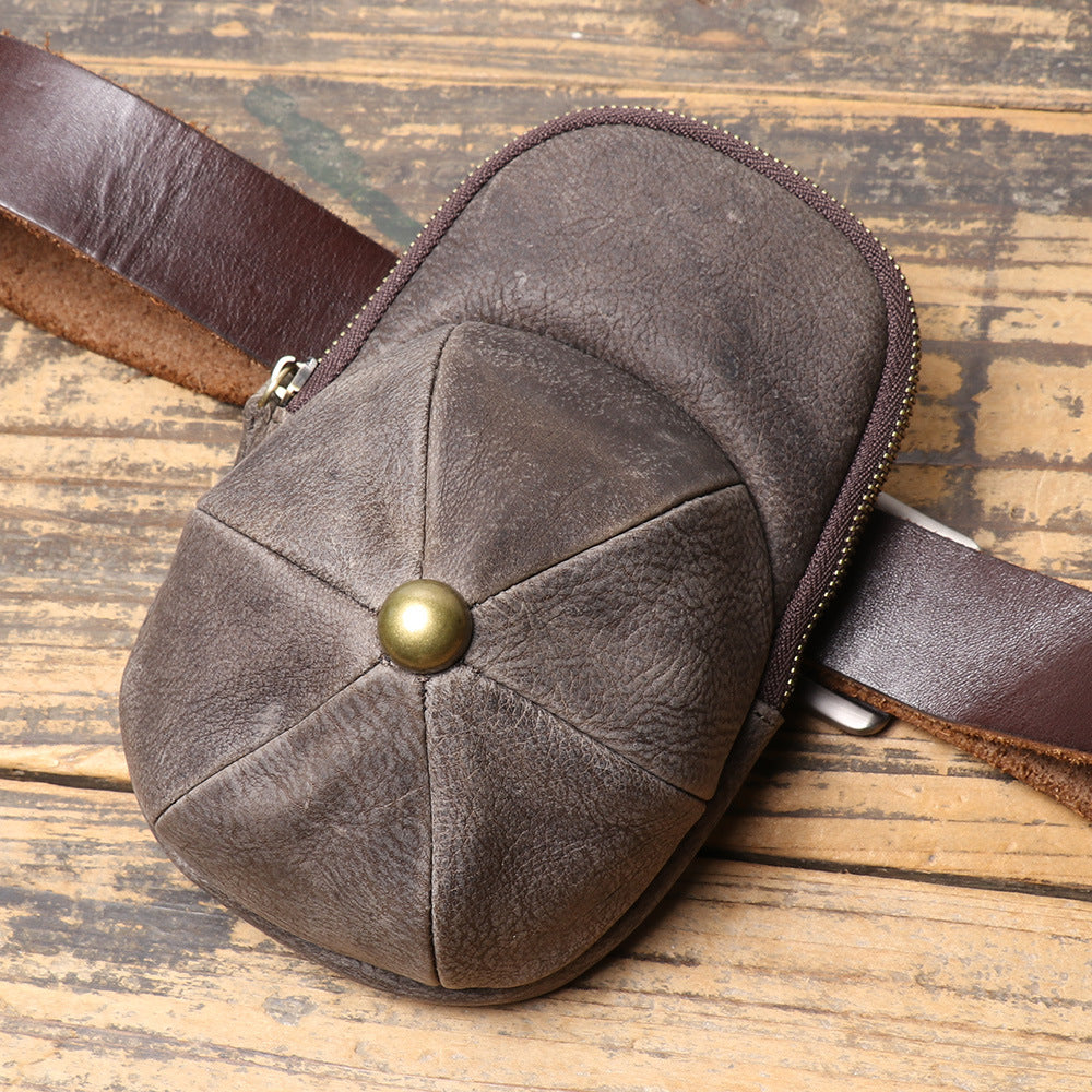 Men's Genuine Leather Cap Cowhide Zipper Crazy Horse Large Bags