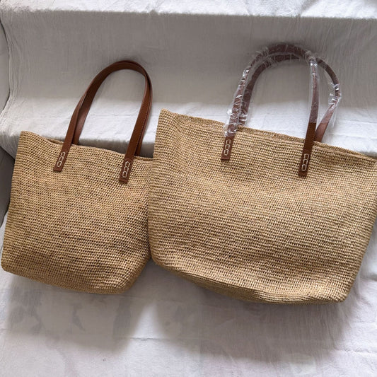Raffia Joint Leather Strap Handmade Needle Hook Women's Shoulder Bag