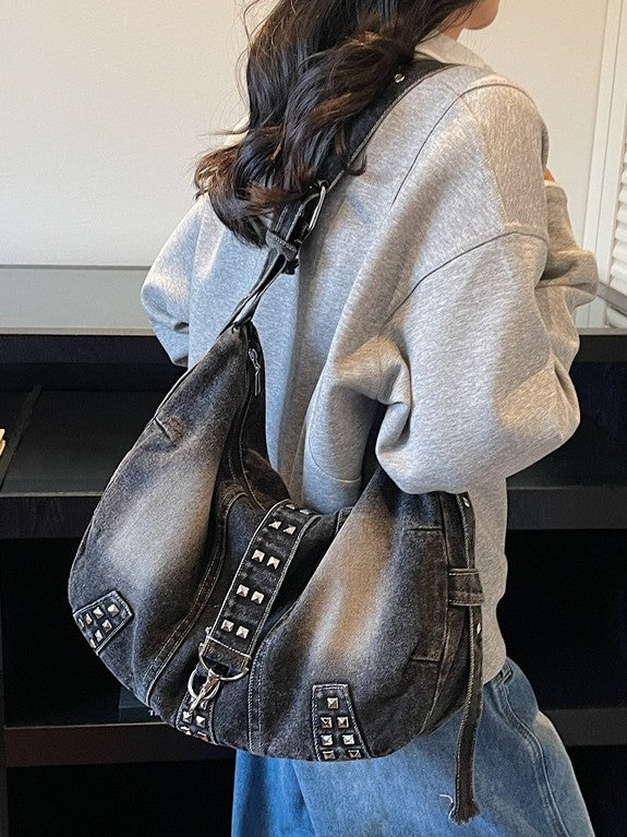 Large Capacity Totes Denim Rivet American Style Trend Tote Bag