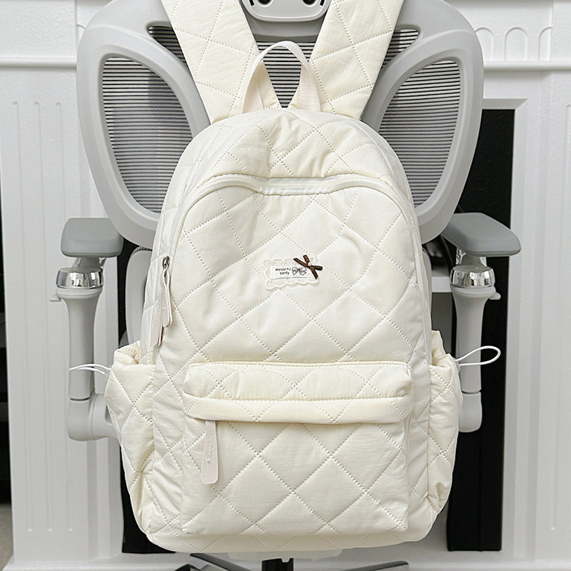 Soft Sticky White Pinch Cotton Rhombus Cute Leisure Backpack