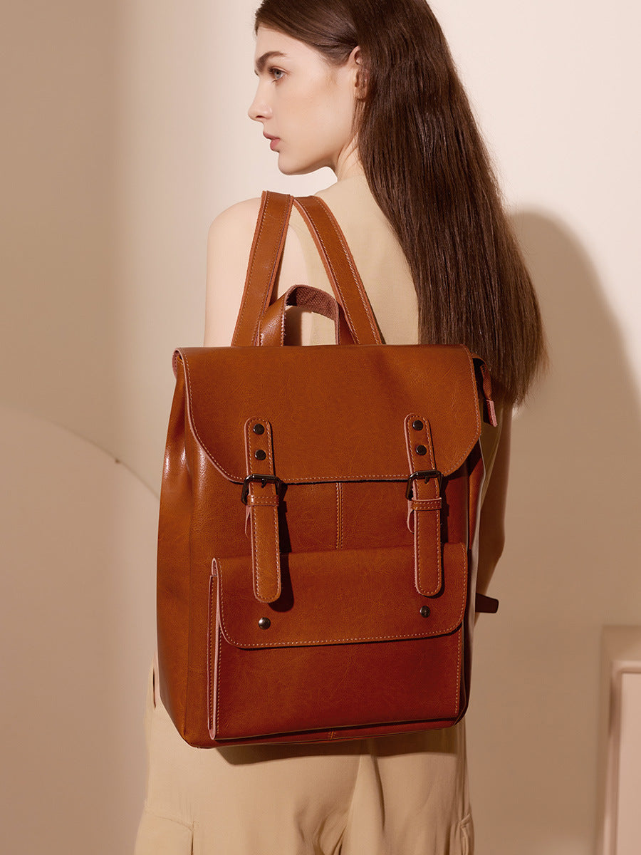 Women's Leather Cowhide Computer College Style Large Capacity Women's Backpack