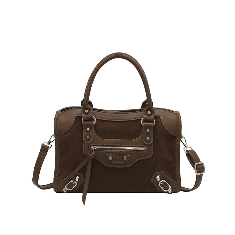 Women's Style Retro Motorcycle Winter Suede Contrast Color Women's Shoulder Bag