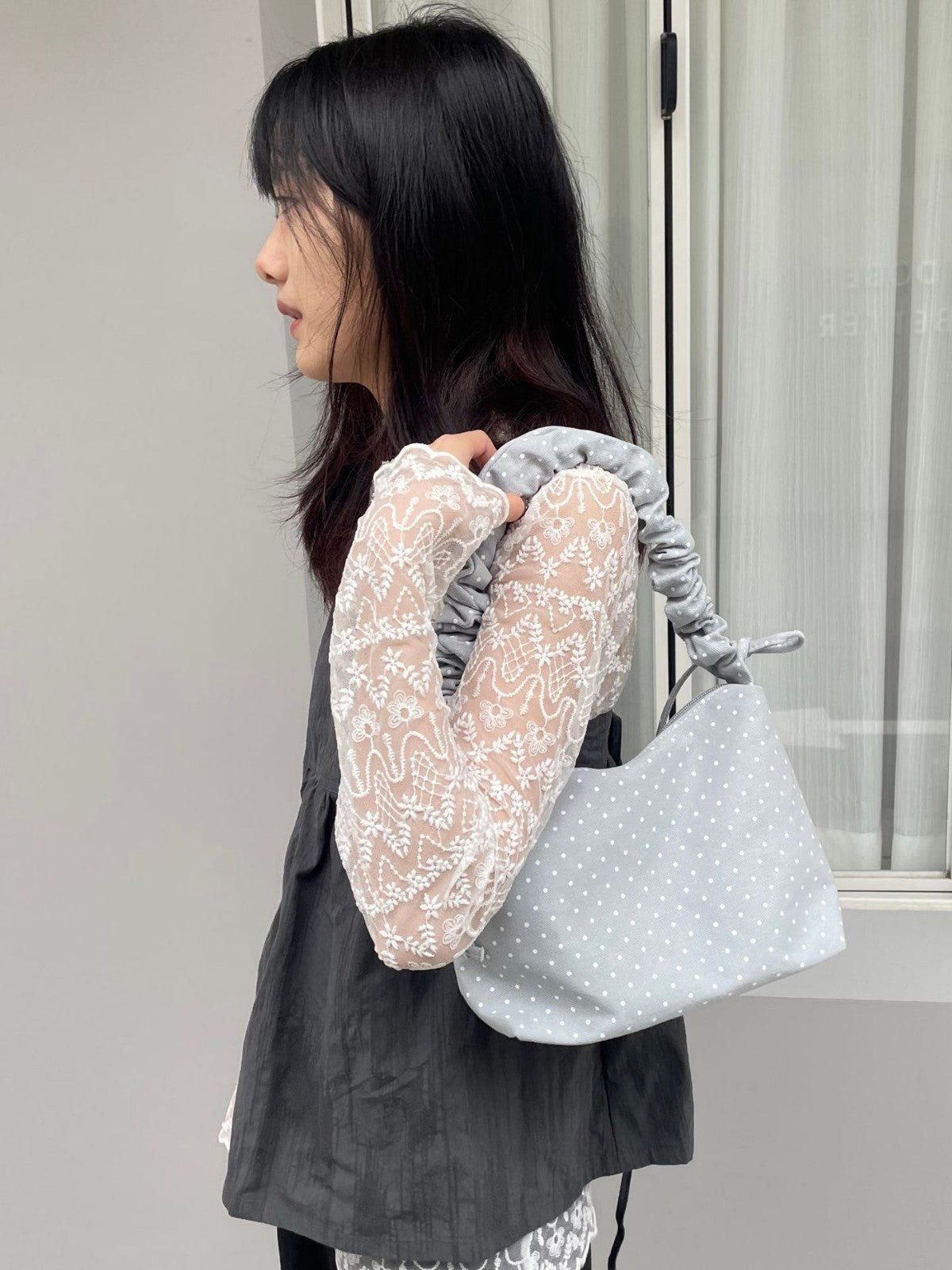 Women's Fashionable Polka Dot Drawstring Ruffle Adjustable Strap Convenient Shoulder Bags