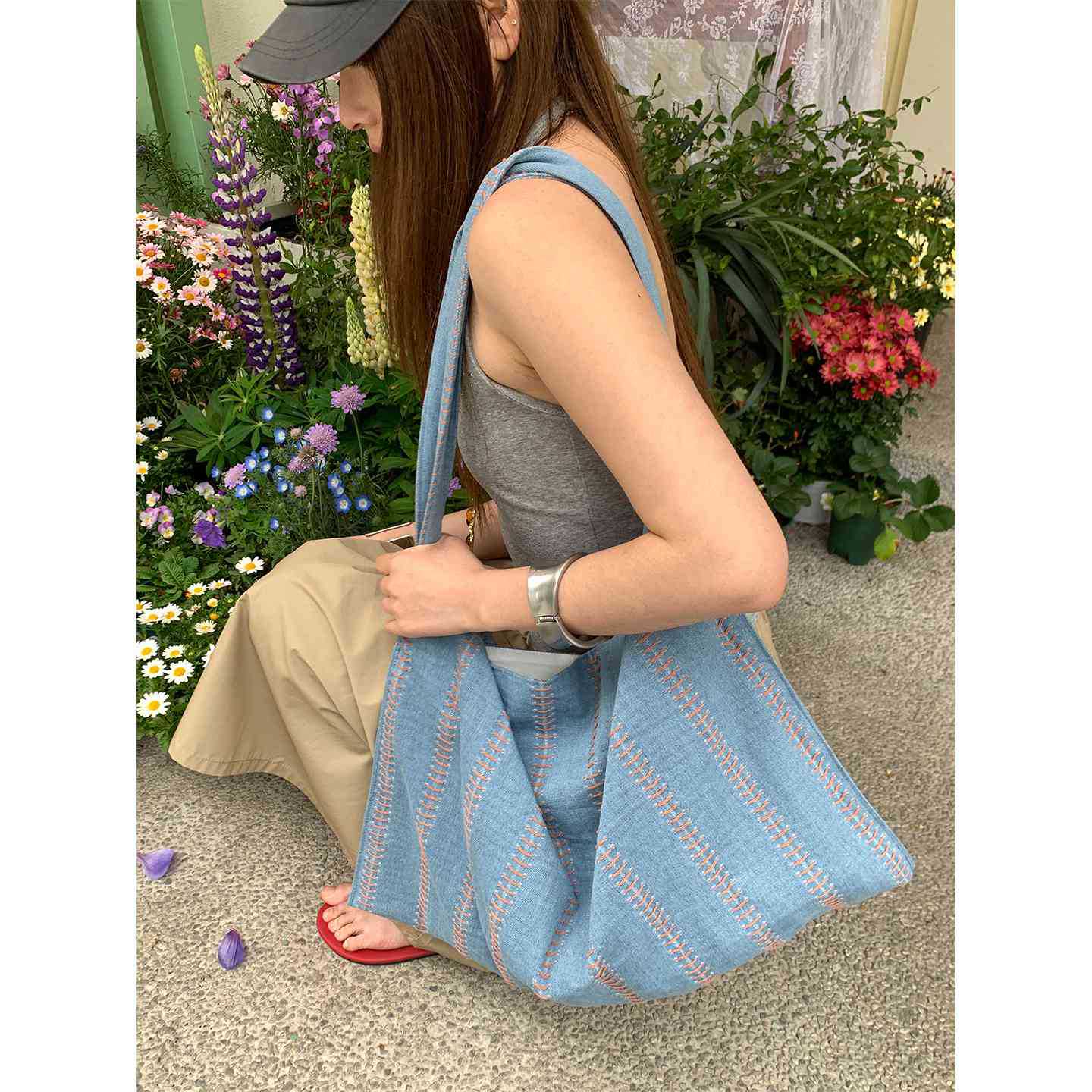 Women's Retro Lazy Style Large Capacity Denim Canvas Korean Striped Commute Shoulder Bags