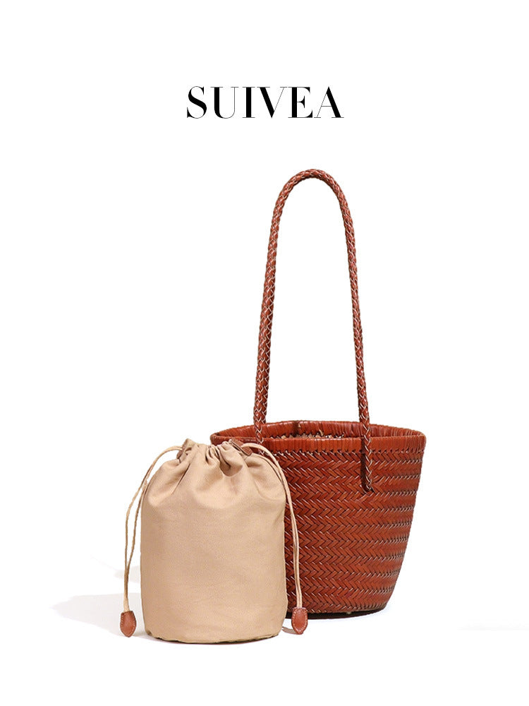 Women's Leather Woven Underarm Beach Vegetable Basket Bags